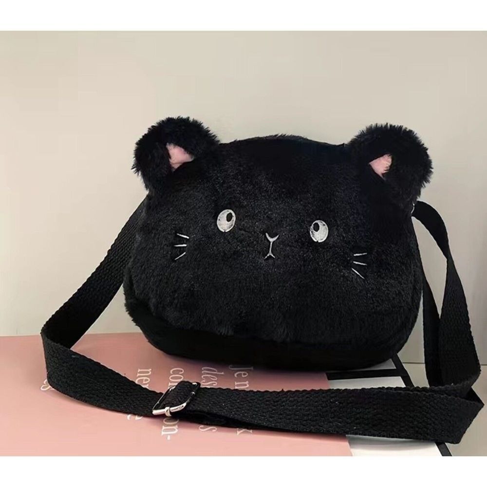 Cat Crossbody Bags Girls Women Fashion‎ Purses Black Fuzzy Cat Shoulder Bag New